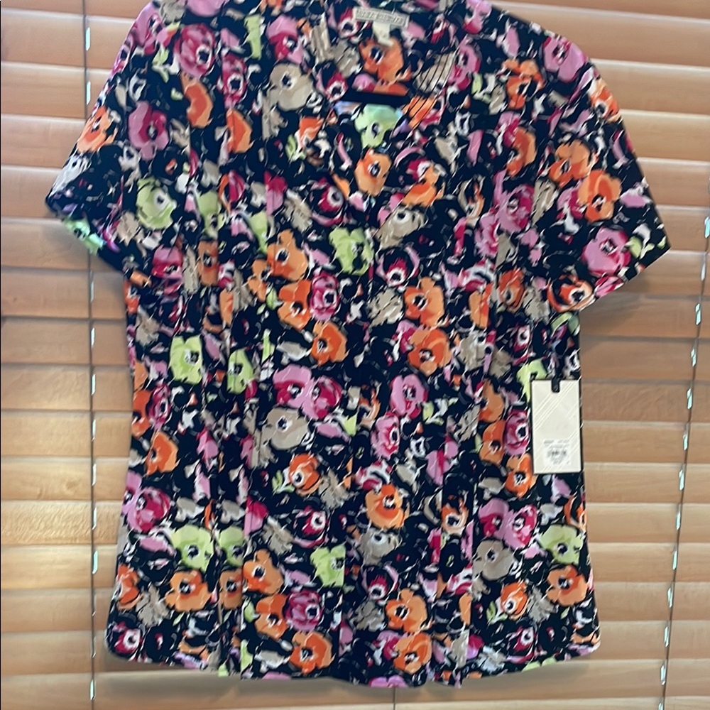 Dana Buchman Black and Pink Floral Blouse size Lg (b)